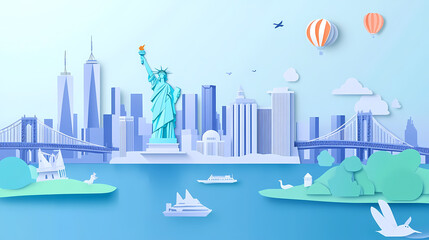 USA travel vector illustration. American city famous landmark background in paper cut art style.