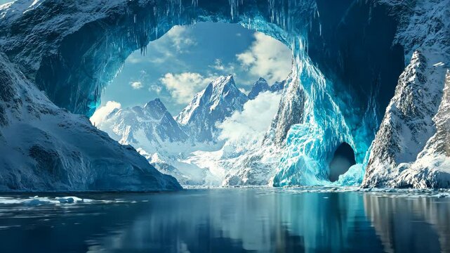 A stunning view of a snow-capped mountain range seen through a natural ice arch in Antarctica