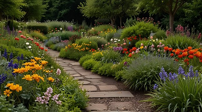 The gravel path curves gracefully through a vibrant garden brimming with a variety of colorful flowers and flourishing greenery. generative.ai