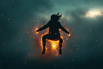 Naklejka premium Silhouette of a Person Leaping Through Sparks Against a Cloudy Sky