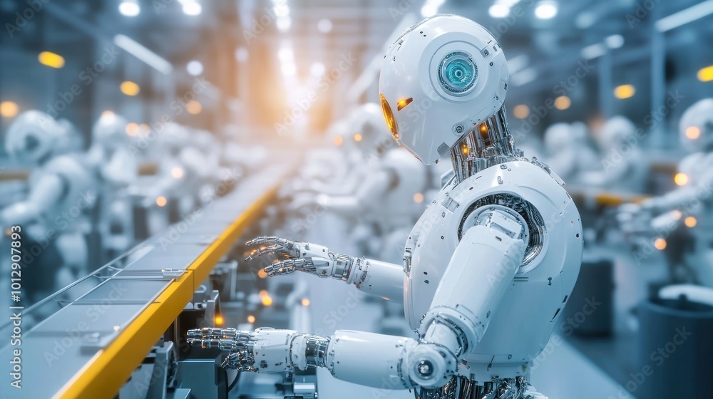 Poster a humanoid robot working on an assembly line in a modern industrial setting.