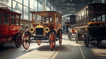 A beautifully restored vintage car displayed in a museum, representing early 20th-century automobile craftsmanship. The light filtering through large windows highlights the elegant design and