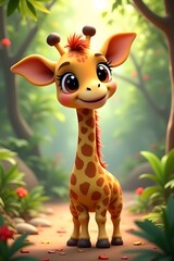 Obraz premium A cute baby giraffe smiles curiously at a blurred picturesque background