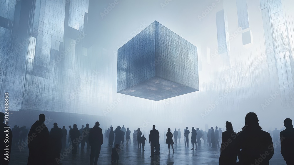 Poster silhouetted figures gather in a mysterious foggy cityscape, gazing at a massive futuristic floating 