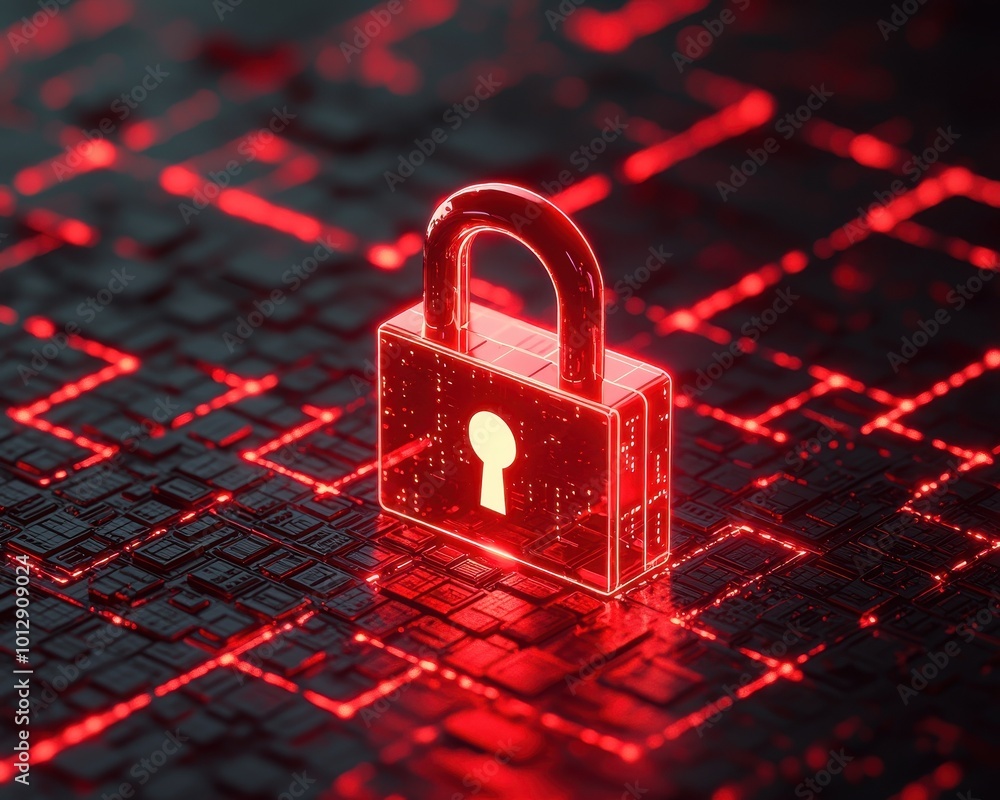 Poster a glowing red digital padlock symbolizes cybersecurity, set against a backdrop of geometric patterns