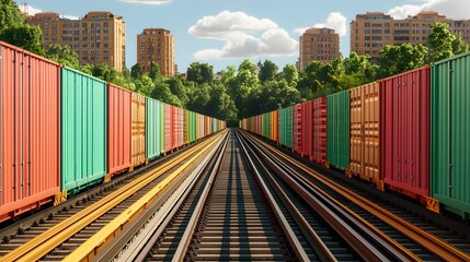 Fototapeta premium Cargo transport on a rail network, containers in transit, industrial landscape, efficient logistics, transportation infrastructure, connectivity.