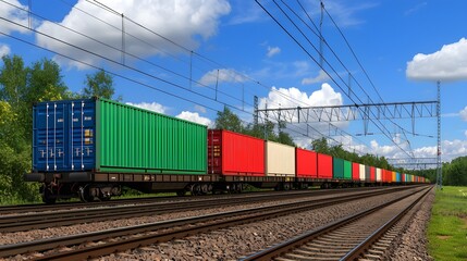Fototapeta premium Cargo trains transporting containers through a vast rail network, showcasing industrial efficiency and logistics in motion.