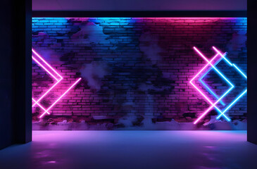 Modern Urban Room with Neon Lights. Brick Walls and Vibrant Colors. Futuristic style, Dynamic Ambiance.