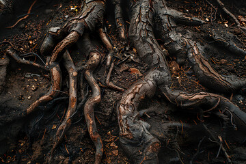 Fototapeta premium A close up of the roots of a tree, with the roots extending deep into the ground.,