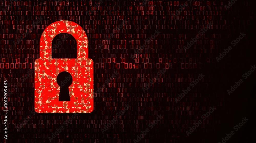 Poster an abstract image featuring a glowing red padlock on a dark, digitized background, symbolizing cyber