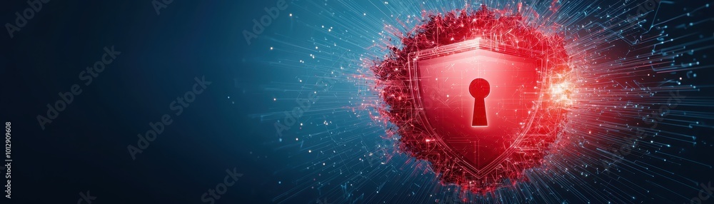 Poster a digital lock symbol surrounded by a burst of red particles on a blue background, representing secu