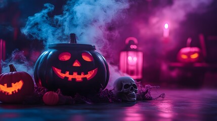 Halloween decorations featuring glowing lanterns, a bubbling cauldron with dry ice fog, and skeletons, watercolor illustration