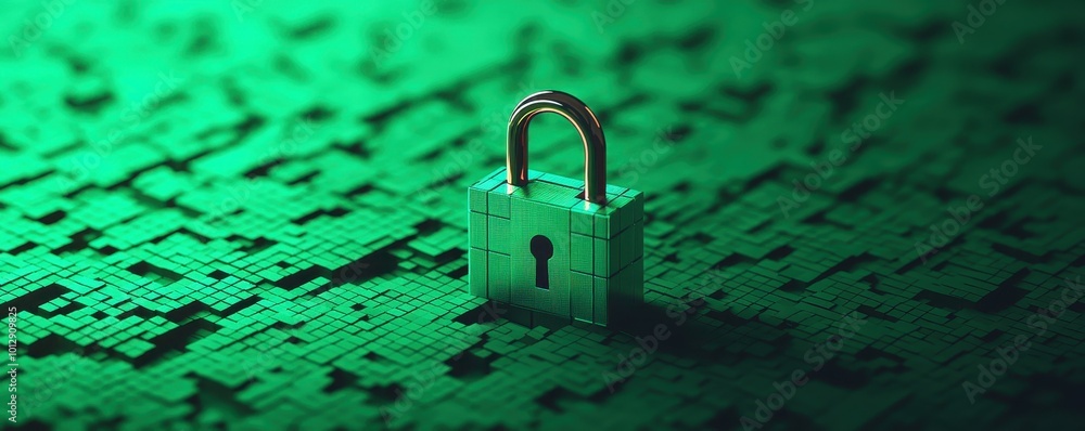 Poster a green digital background featuring a padlock, symbolizing cybersecurity, data protection, and encr