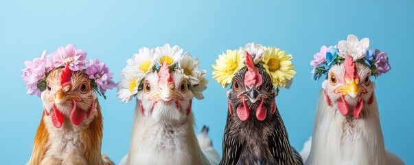 Four chickens wearing flower crowns with blur nature background