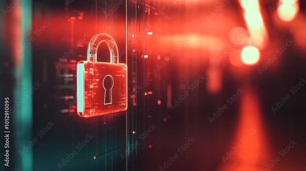Poster a digital padlock symbolizes cybersecurity and data protection in a tech environment.