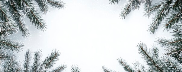 White background with a snowy forest and pine tree branch border design