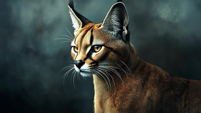 A caracal with striking golden eyes stares intently at the camera in a dark, shadowy setting