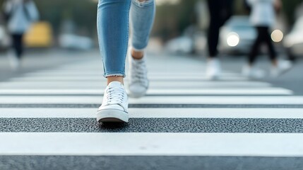Fototapeta premium Pedestrians navigating a busy crosswalk with integrated traffic signals, urban environment, vibrant city life, safety measures in action