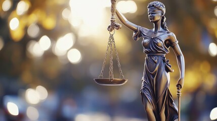 A bronze statue of Lady Justice holding scales, symbolizing fairness and the law.