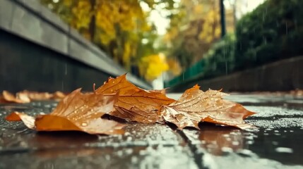 Captivating Autumn Leaves on Rainy Pavement: A Serene Nature Scene in the City
