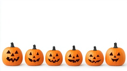 A row of six whimsical, carved pumpkins with playful faces, embodying the festive spirit of Halloween.