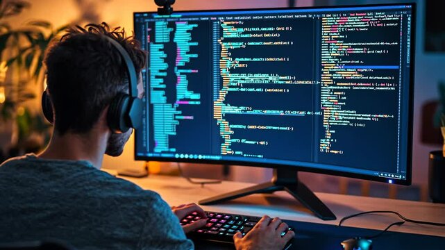 A programmer works late into the night, coding in a dimly lit room