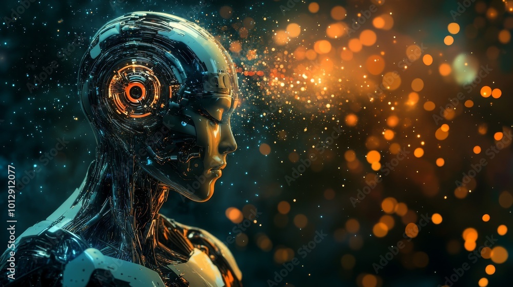 Poster a highly detailed humanoid robot with glowing circuitry stands in a futuristic, digital environment.