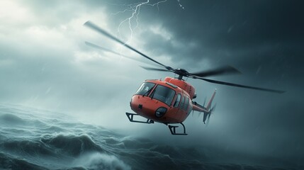 Helicopter flying in turbulent weather, dark skies with lightning and stormy seas.