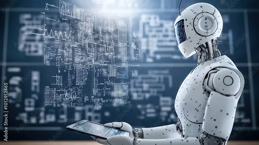 Poster a humanoid robot with a white body and a round head is looking at a futuristic digital display in a 