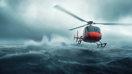 Fototapeta premium Helicopter flying over turbulent ocean waters during stormy weather.