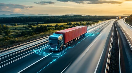 Aerial view of an autonomous truck on autopilot on a highway, using traffic sensors for navigation