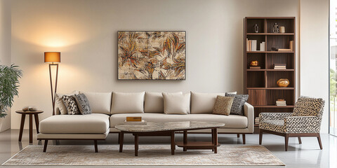 Schönes gemütliches Wohnzimmer, modern, stilvoll, entspannend, mit einem L-förmigen Sofa in Kakhi-Farbe, einem Couchtisch aus exotischem Marmor