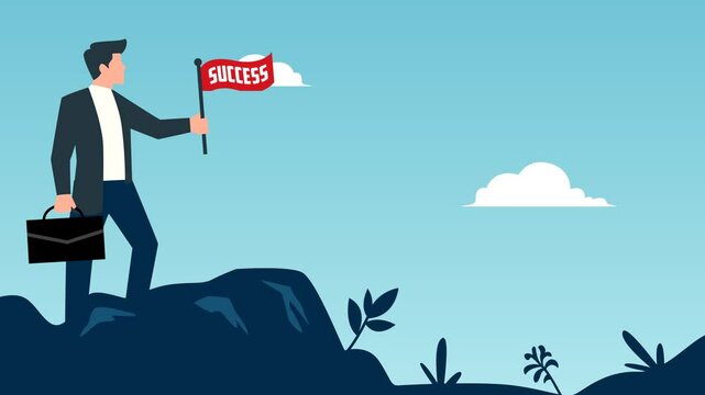 4K Animation Businessman On Mountain Holding Success Flag Represent About Success Carrer,Achieve Goal Target Hd Footage
