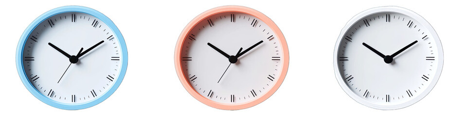 A Classic Round Wall Clock With a and Black Hands in Cartoon Style. Isolated on a Transparent Background. Cutout PNG.