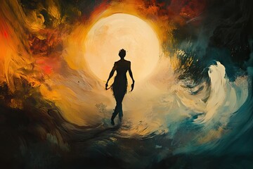 Obraz premium Silhouette of a Person Walking Towards a Large Round Object in a Painted Landscape