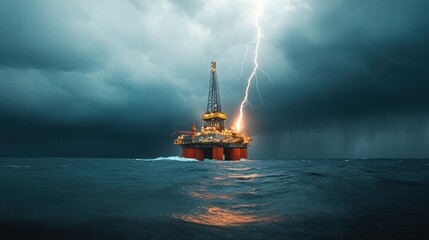 Obraz premium Oil rig under stormy sky with lightning striking, dramatic ocean scene.