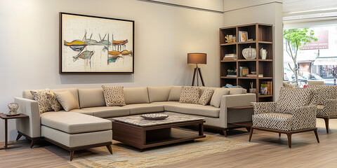 Schönes gemütliches Wohnzimmer, modern, stilvoll, entspannend, mit einem L-förmigen Sofa in Kakhi-Farbe, einem Couchtisch aus exotischem Marmor