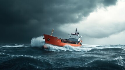 Naklejka premium Orange cargo ship navigating turbulent seas under dark storm clouds.