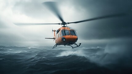 Orange rescue helicopter flying over stormy ocean waters.