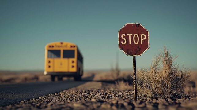 Scenic Desert Road with Vintage School Bus and Stop Sign