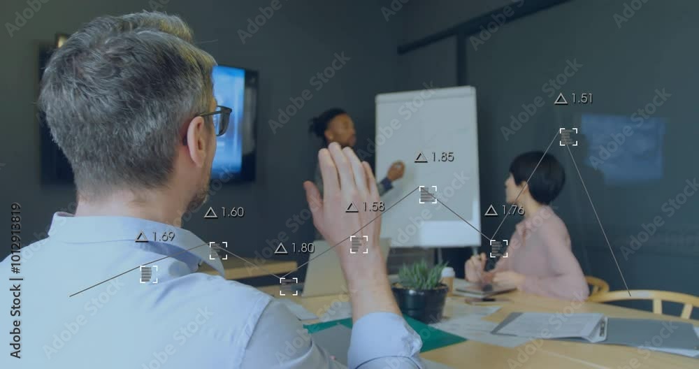 Poster animation of data processing over diverse colleagues having meeting in office