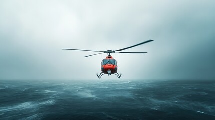 Fototapeta premium Red helicopter flying over rough ocean waters under a cloudy sky.