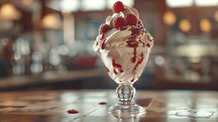 an ice cream sundae with raspberries and whipped cream