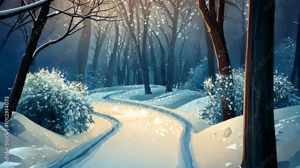 Poster a winding path through a snowy forest, illuminated by the soft light of the setting sun