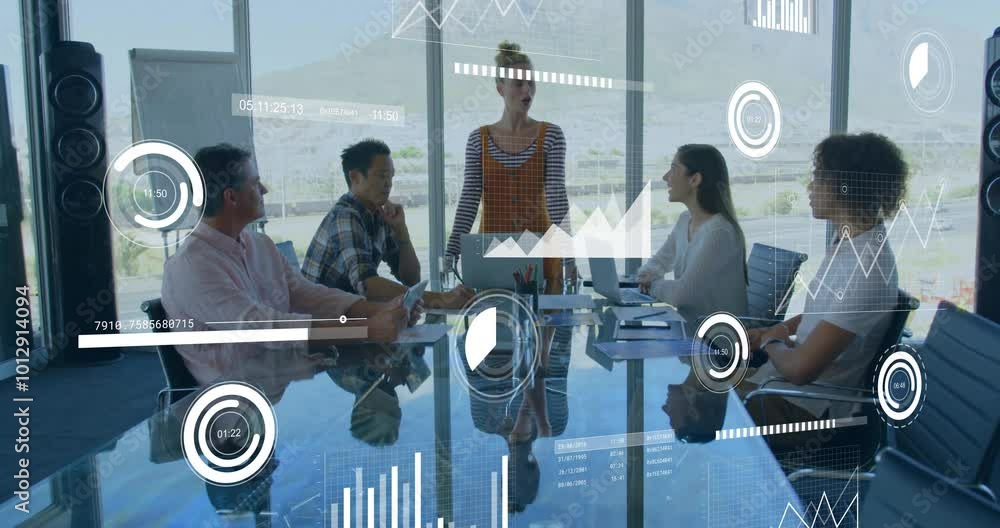 Poster animation of data processing over diverse colleagues having meeting in office