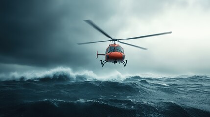 Fototapeta premium Rescue helicopter flying over stormy ocean waves, dramatic sky backdrop.