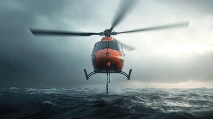 Rescue helicopter flying over stormy sea, dramatic clouds and turbulent water.