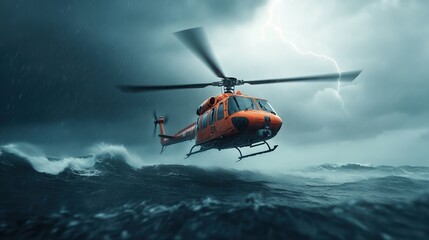 Rescue helicopter flying over stormy sea with lightning in the background