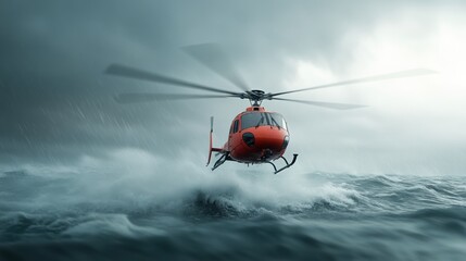 Fototapeta premium Rescue helicopter flying over turbulent ocean waters during a stormy weather.