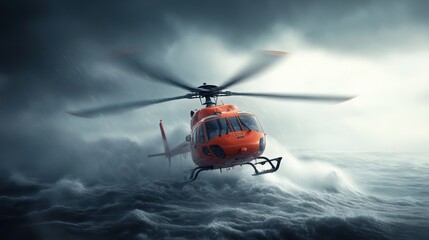 Rescue helicopter flying through stormy skies over turbulent ocean waters.
